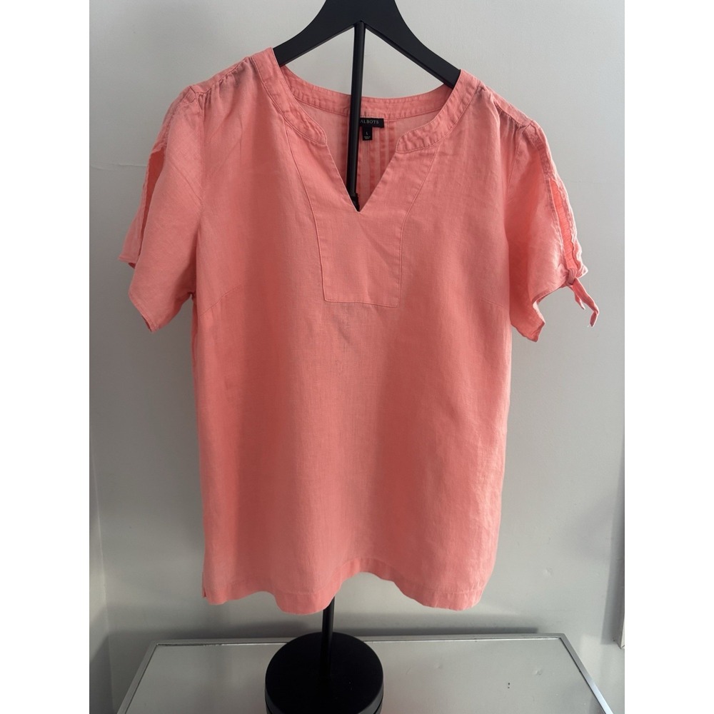 Talbots‎ 100% Linen Coral Pink Short Sleeve V-Neck Blouse Womens Large